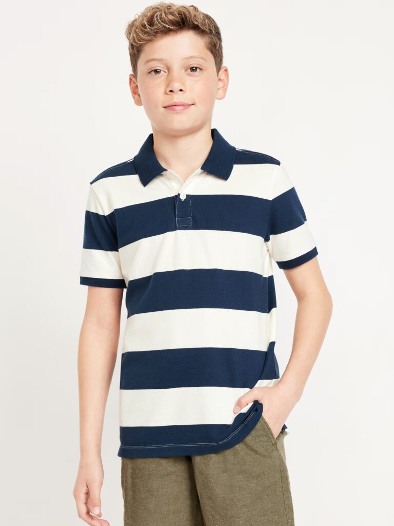 boy wearing a navy and white striped polo