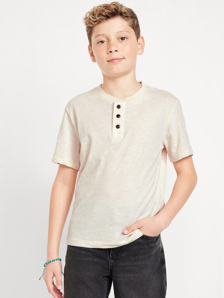 boy wearing a beige henley