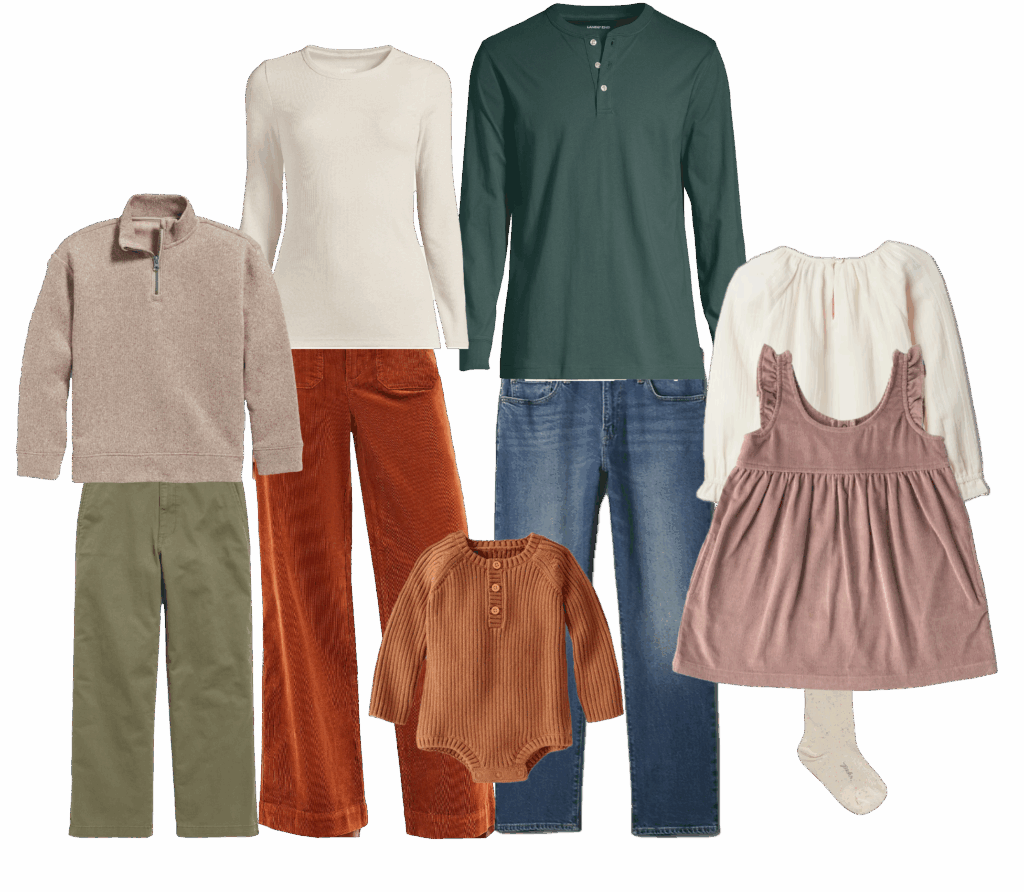 flat lay of example attire for fall family photos, with mom in pants