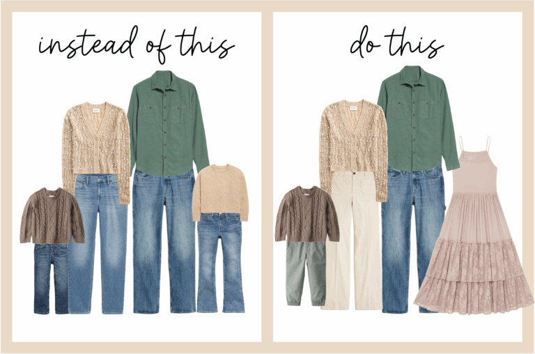 Family outfit guide for photos with jeans: left shows the whole family in jeans; right shows a mix of jeans, chinos, and a dress for variety and balance.