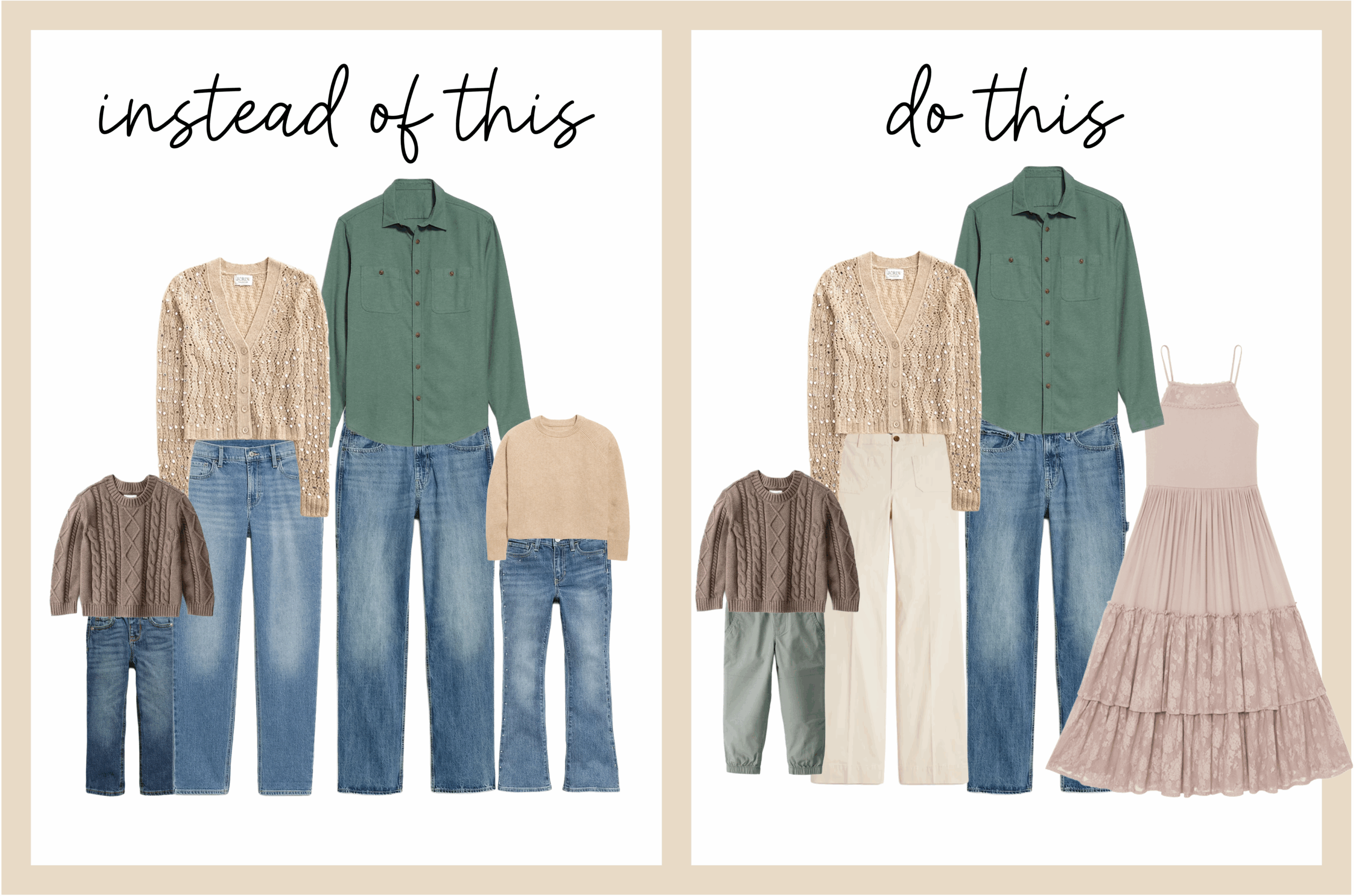 Family outfit guide for photos with jeans: left shows the whole family in jeans; right shows a mix of jeans, chinos, and a dress for variety and balance.