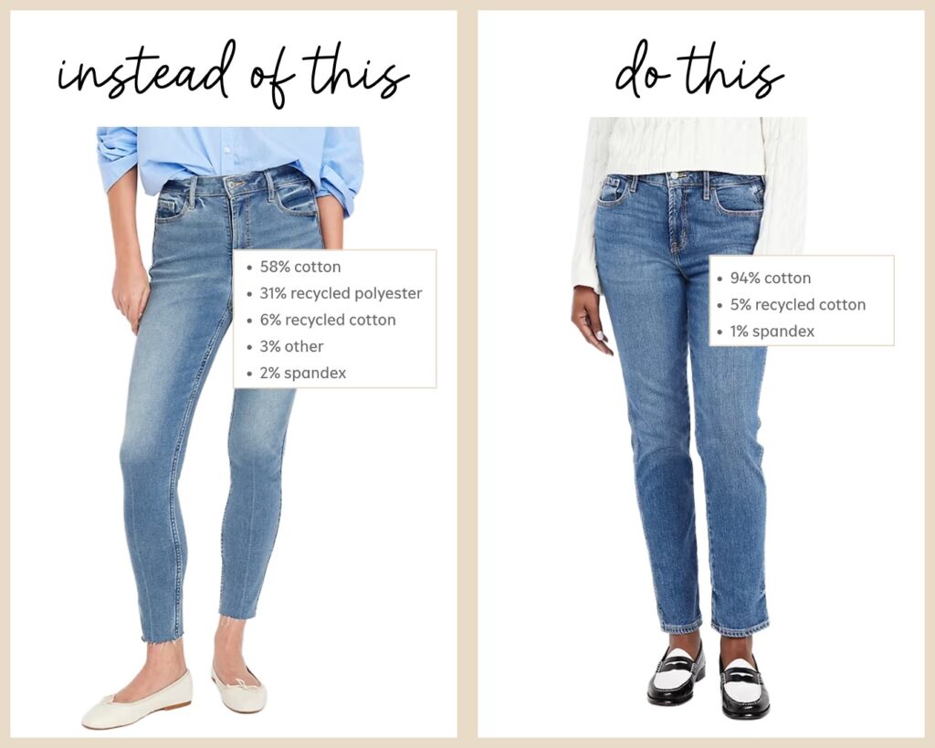 Side-by-side jeans comparison for family photos: left shows thin, stretchy jeans with high polyester content; right shows sturdy cotton-rich jeans with minimal stretch for a more polished look.