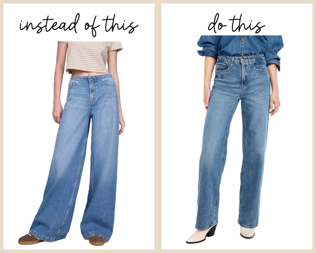 Comparison of jean styles for family photos: left shows overly wide-leg jeans with casual shoes; right shows well-fitted straight-leg jeans styled with boots for a polished look.