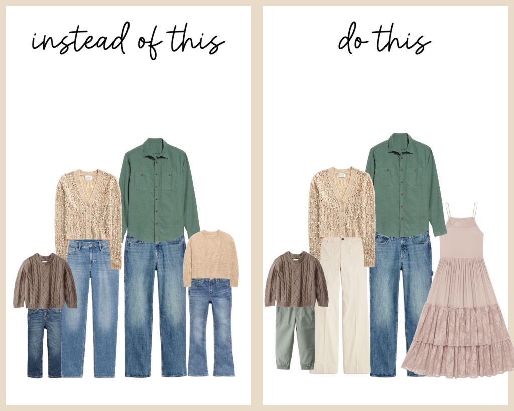 Family outfit guide for photos with jeans: left shows the whole family in jeans; right shows a mix of jeans, chinos, and a dress for variety and balance.