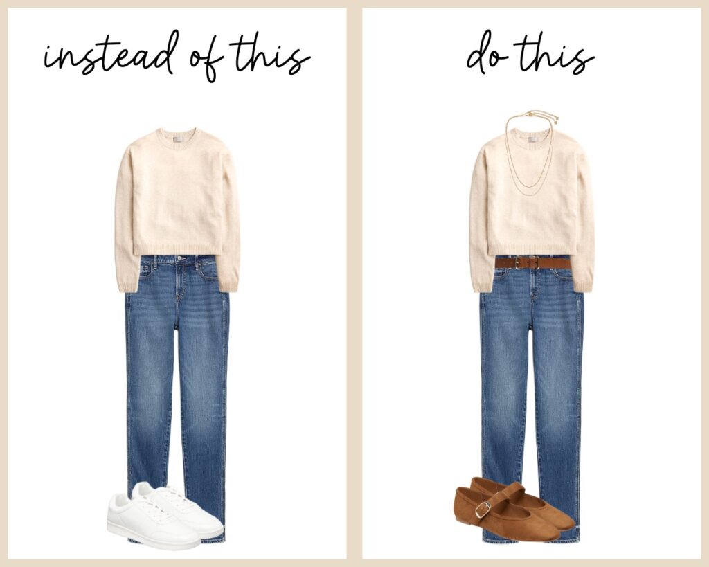 Side-by-side outfit comparison for family photos with jeans: left shows plain sweater, jeans, and white sneakers; right shows the same outfit elevated with a belt, necklace, and brown flats.